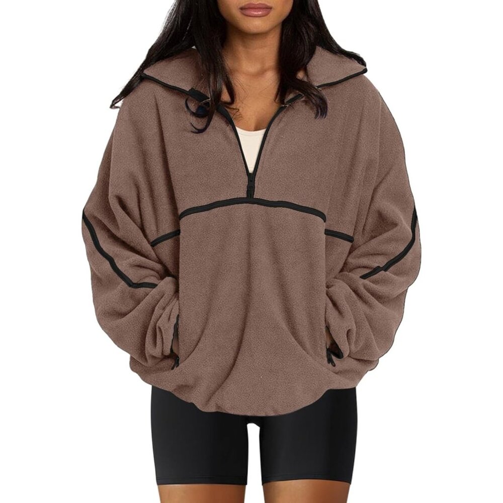 Women's Brown Half Zip Pullover Sweatshirt Sherpa Fleece Jacket Oversized